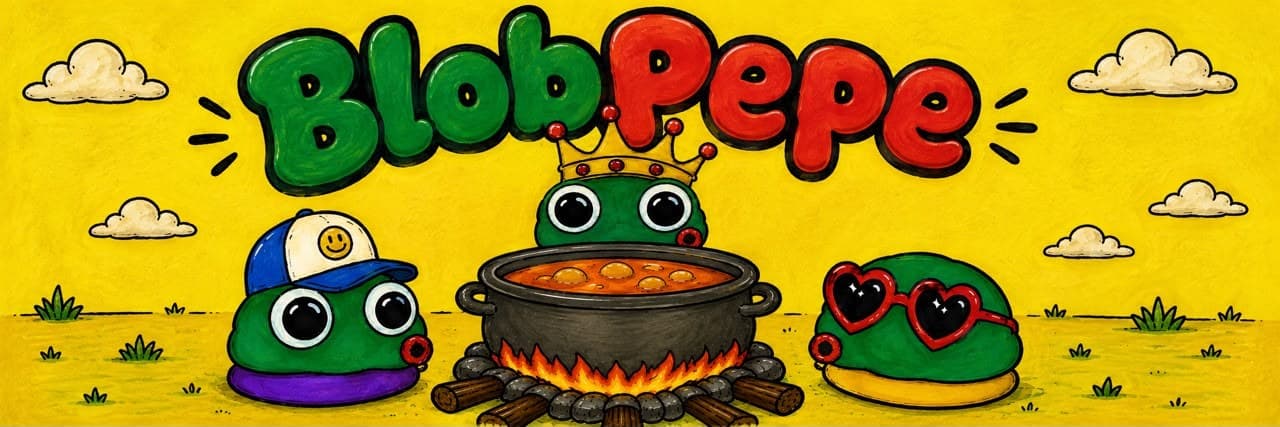 Blob Pepe — crowned blob and friends around a cauldron